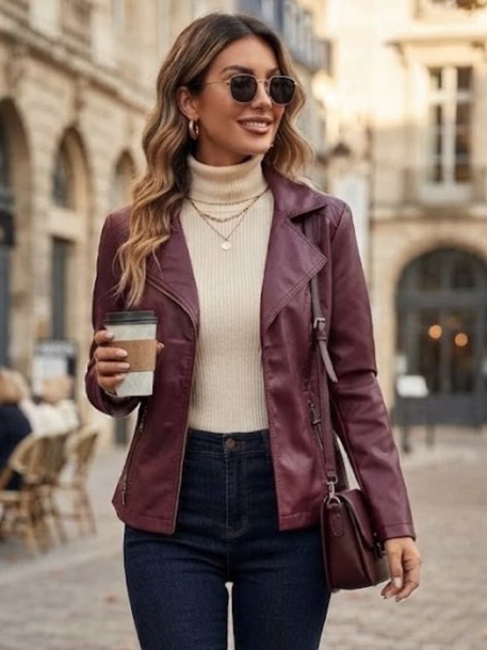 Northern Reflections Burgundy Faux Leather Jacket Moto Tailored Edgy Chic Small